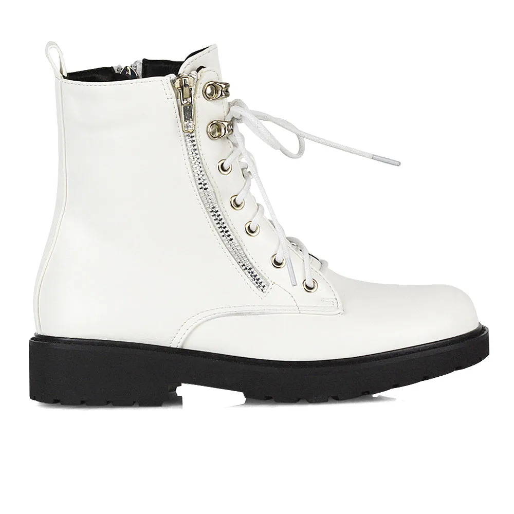 Halsey Flat Zip up Detail Chunky Sole Lace up Biker Ankle Boots In Black PU