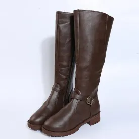 Hnzxzm Vintage Brown Women Knee High Boots Big Size Low Heels Platform Long Boots Autumn Winter Pu Leather Zip Women Warm Booties