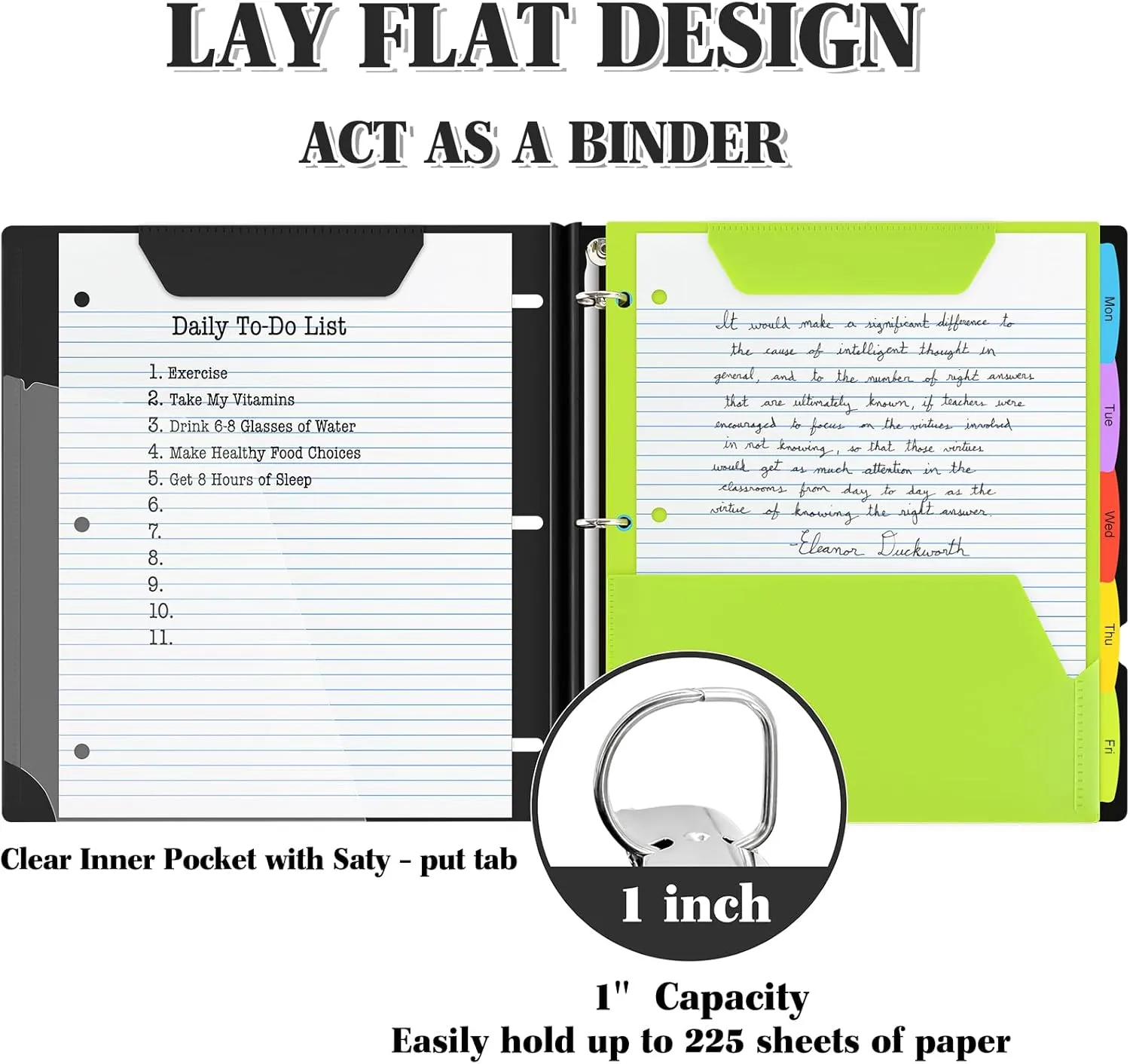INFUN 1 INCH All-in-one Telescoping Binder Notebook-2PCS,3 Ring Binder with 1 Plastic Movable Pocket Folder,5 Plastic Subject Dividers and 30 sheets Graph Paper and 30 sheets College Ruled Paper-Black