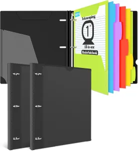 INFUN 1 INCH All-in-one Telescoping Binder Notebook-2PCS,3 Ring Binder with 1 Plastic Movable Pocket Folder,5 Plastic Subject Dividers and 30 sheets Graph Paper and 30 sheets College Ruled Paper-Black