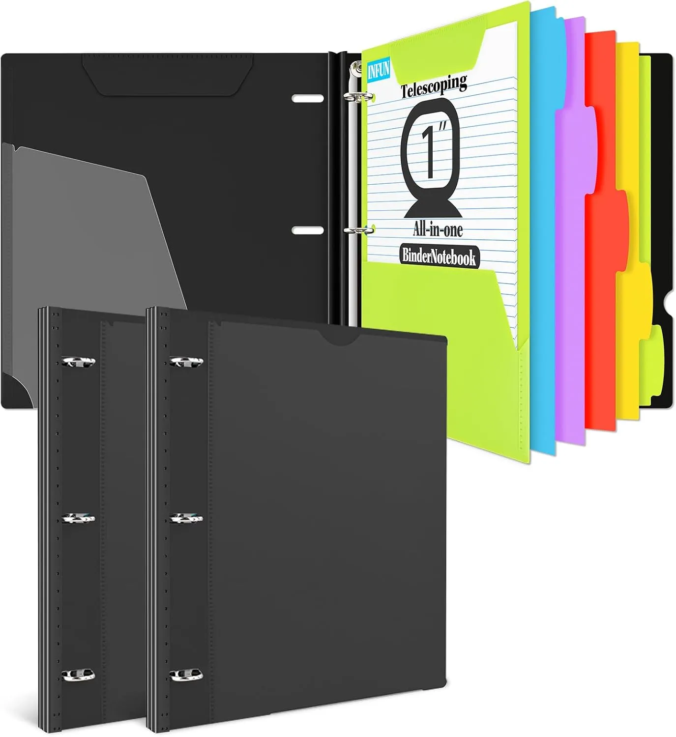INFUN 1 INCH All-in-one Telescoping Binder Notebook-2PCS,3 Ring Binder with 1 Plastic Movable Pocket Folder,5 Plastic Subject Dividers and 30 sheets Graph Paper and 30 sheets College Ruled Paper-Black