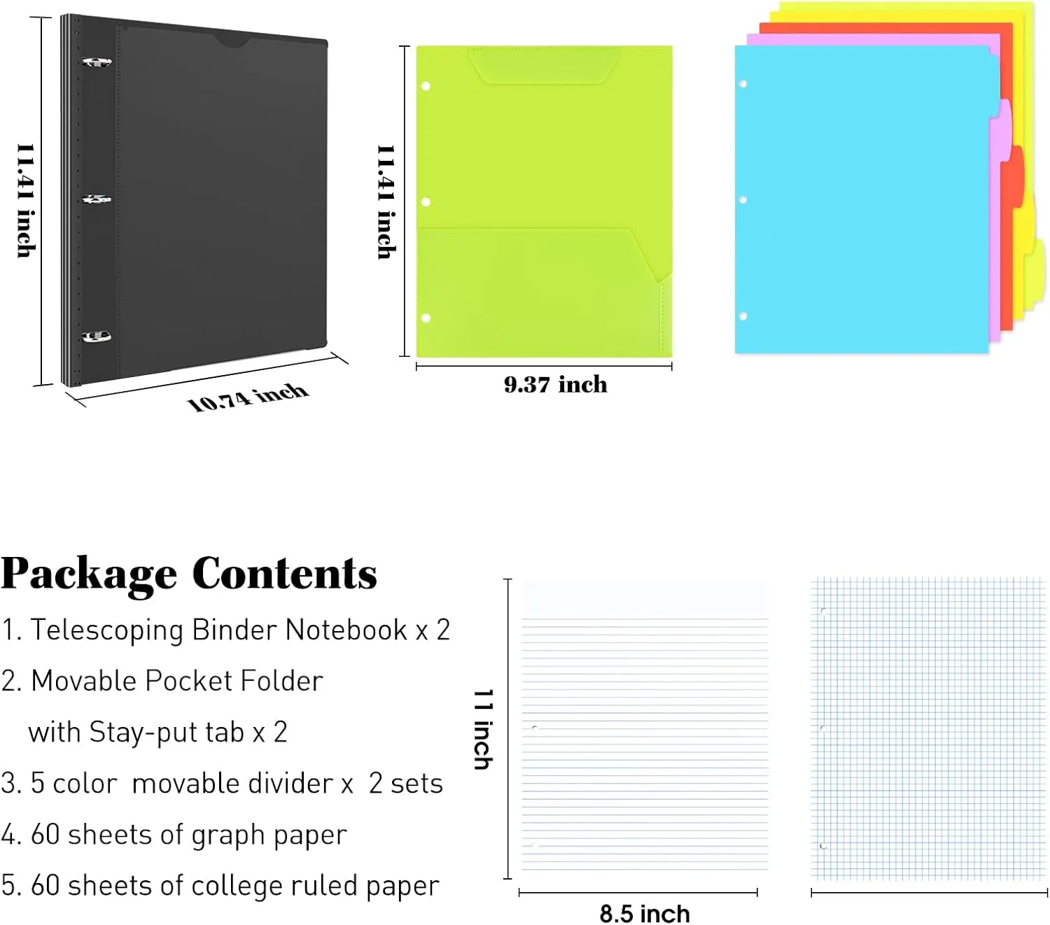 INFUN 1 INCH All-in-one Telescoping Binder Notebook-2PCS,3 Ring Binder with 1 Plastic Movable Pocket Folder,5 Plastic Subject Dividers and 30 sheets Graph Paper and 30 sheets College Ruled Paper-Black