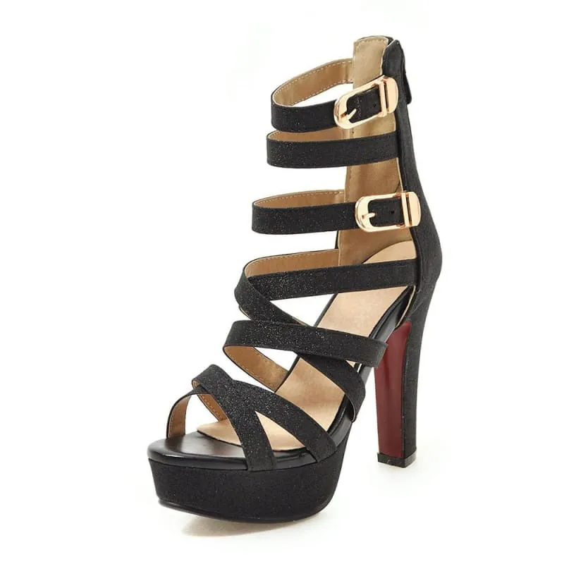 Ladies Chunky High Heel Platform Sandals with Gold Buckles
