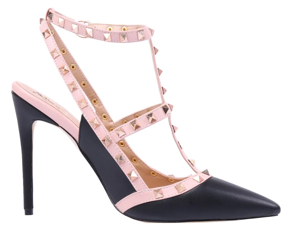 Pointed Toe 10cm Black PU High Heels Glitter Studs Dress Party Pumps for Woman