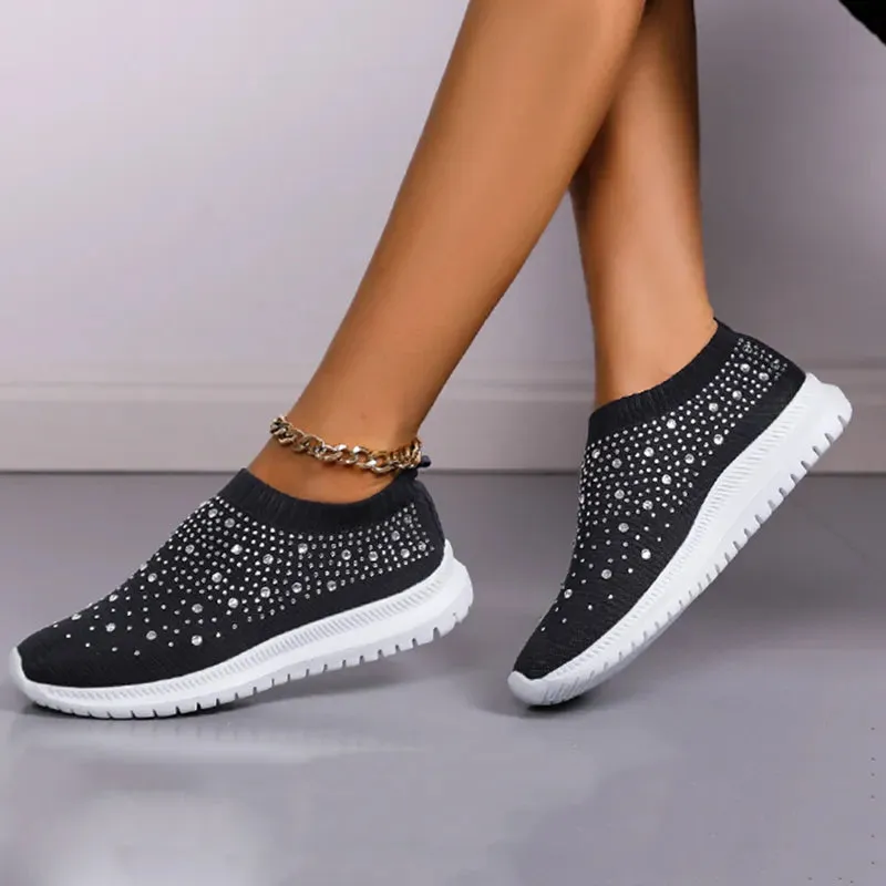 Rimocy Crystal Breathable Mesh Sneaker Shoes for Women Comfortable Soft Bottom Flats Plus Size  Slip Casual Shoes Woman
