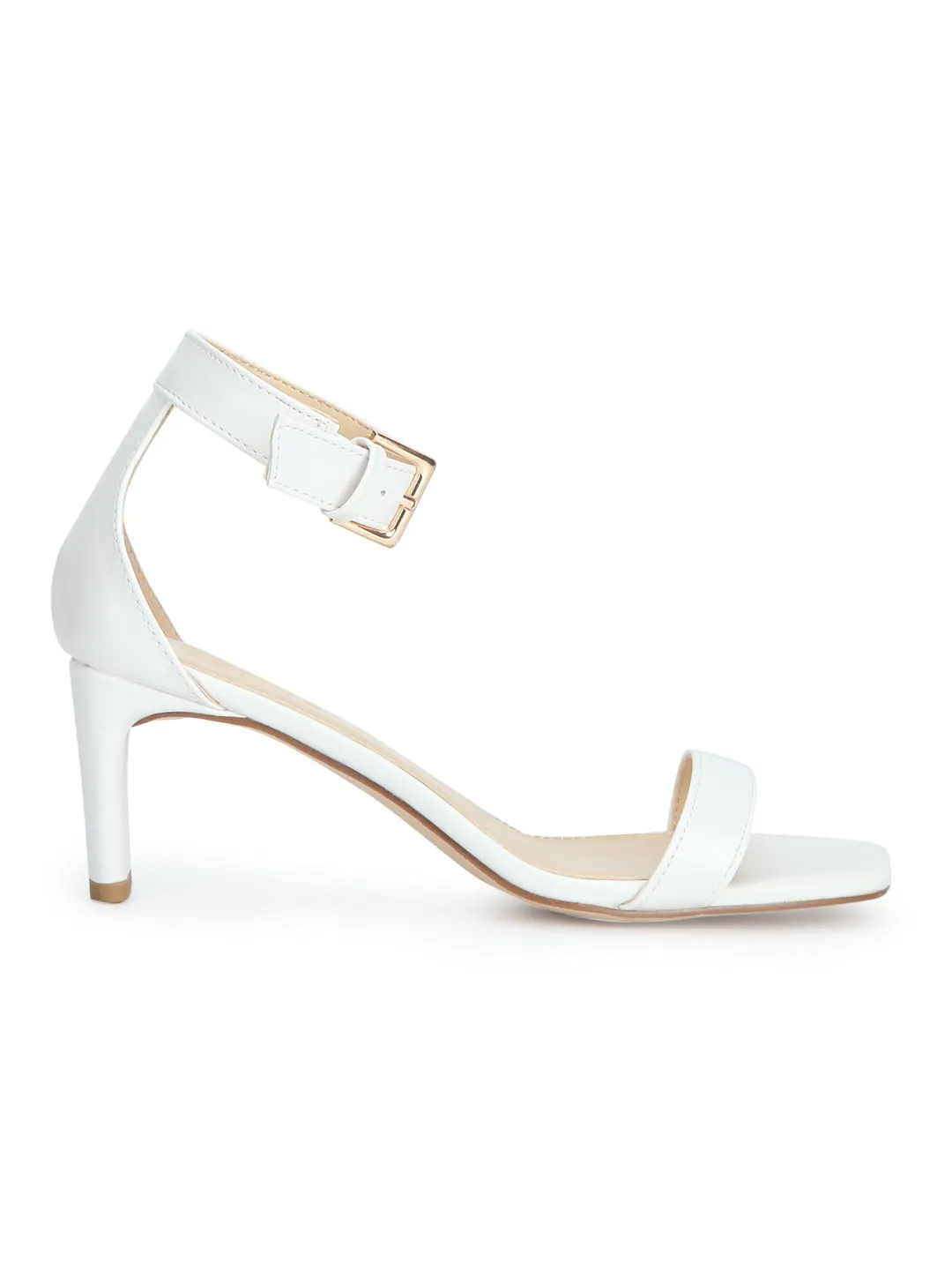 White PU Ankle Strap Low Slim Block Heels