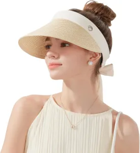 Women's Sun Visor Hats Wide Brim Straw Beach Hat Ponytail Hats for Women Foldable Floppy